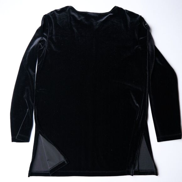Chico’s Women’s Size 0 XS Black Velvet Stretch Top Round Neck Long Sleeve Slit - Picture 3 of 6